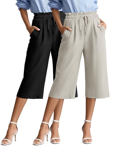 2 Pack Women's Wide Leg Linen Capri Pants Casual Cotton High Waist Cropped Palazzo Summer Trousers with Pockets(Black, Oatmeal,Small)
