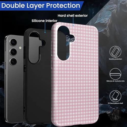 Case Compatible with Samsung Galaxy S24 FE,Durable Shock Protection Cover for Girl Women Boy Men,Hybrid 2-Layer Hard Shell Phone Case for Galaxy S24 FE,Pink Vintage Plaid Aesthetic by Generic - Used condition - Image 4
