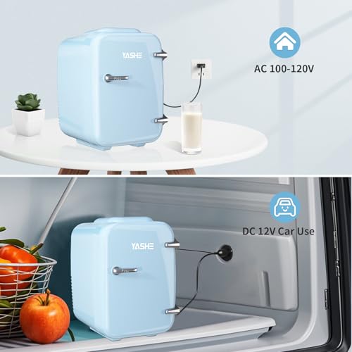 YASHE Mini Fridge, 4 Liter/ 6 Cans Small Refrigerator for Bedroom, 110V AC/ 12V DC Thermoelectric Cooler and Warmer for Drink Office Dorm Car, Blue