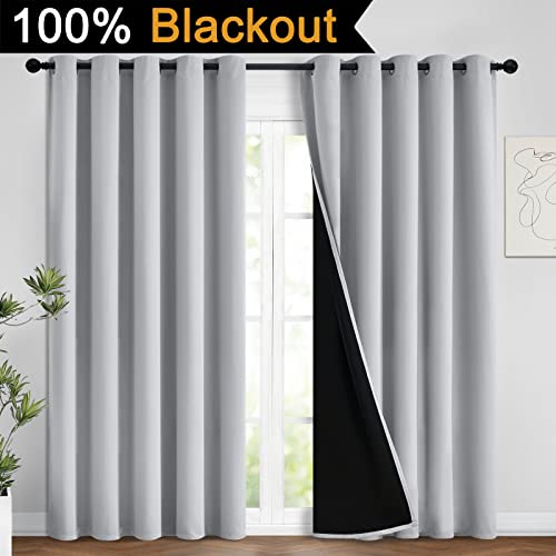 Image of Yakamok 100% Blackout Lined Panels, Room Darkening Thermal Insulated Blackout Curtains for Bedroom, Heat Blocking Drapes for Living Room(62Wx84L, Light Grey, 2 Panels)