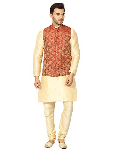 Image of Uri and MacKenzie Men's Silk Blend Regular Kurta Churidar Pyjama with Bundi Nehru Jacket /Waistcoat