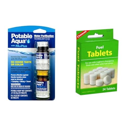 Potable Aqua Water Purification Tablets 2-50ct Bottles and Coghlan's Fuel Stove Tablets 24-Count Cover