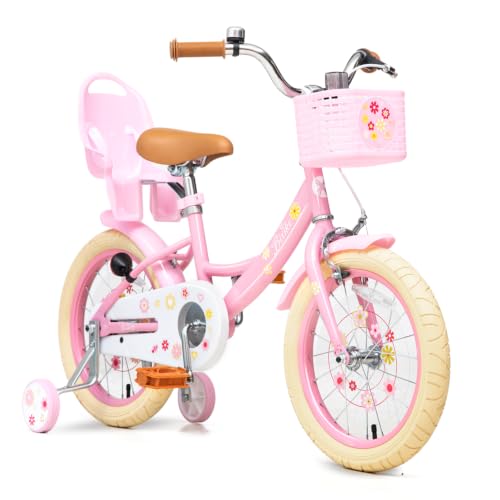 Bixike Girls Bike with Basket for Toddlers and Kids Aged 3-14 Years Old, 12 14 16 18 Inch with Training Wheels & Doll Seat, 20 Inch with Kickstand & Rear Rack, Princess Style Bicycle for Gift.