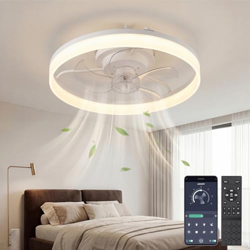 Image of XEMQENER 50CM Ceiling Fans with Lights and Remote, Dimmable LED Ceiling Fan Light with 6 Speeds & Timing, Reversible Smart Modern Fan Lamp for Bedroom Living Room(White)