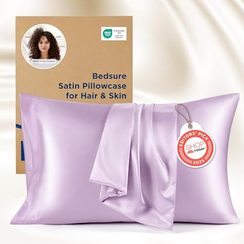 Image of Bedsure King Size Satin Pillowcase Set of 2 - Lavender Silky Pillow Cases for Hair and Skin with Envelope Closure, Similar to Silk Pillow Cases, Gifts for Women Men, 20x36 Inches, 2pcs