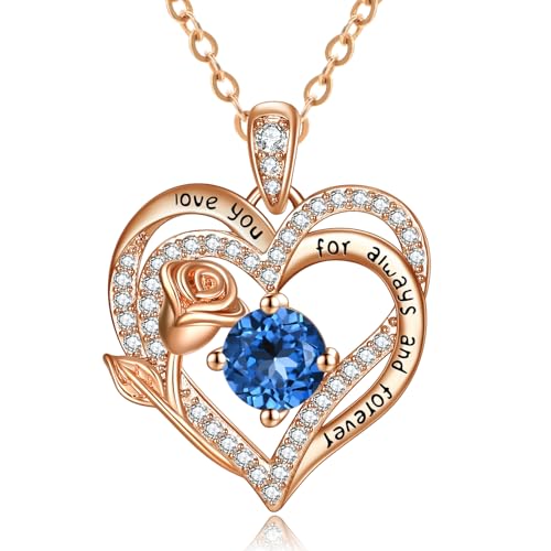 Rose Heart Necklaces for Women Wedding Anniversary Birthday Gifts for Wife Mom Rose Gold Birthstone Pendant Jewelry