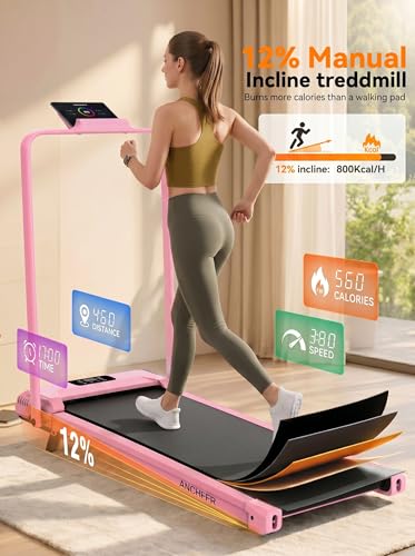 Image of ANCHEER Treadmill with 12% /15% Incline, Folding Walking Pad with Handle Bar, 320-450lb Capacity Under Desk Foldable 3.5HP Treadmills for Home /Office /Gym,Installation-Free