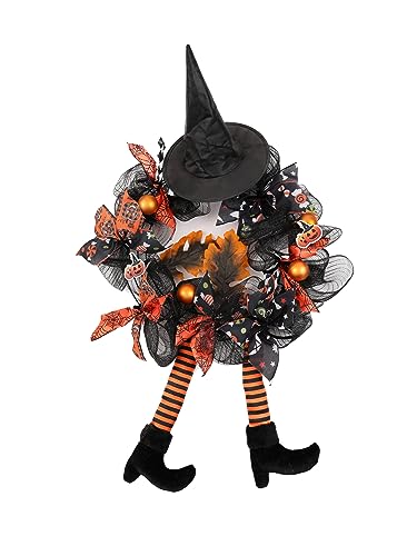Wlflash Halloween Wreath for Front Door Multi-Legged Witch Outdoor Decorations Outside Scary Signs Decor Large Black Clearance Hangers Decoration Orange Ornaments Wreaths Maple Leaf Party