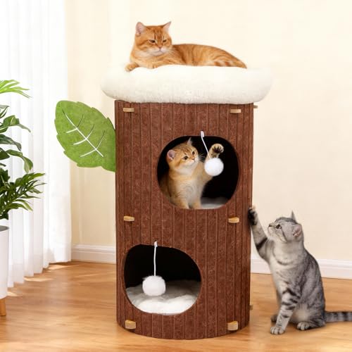 3-st&ouml;ckige Kratztonne f&uuml;r Katzen -Kratzbaum mit Kratzbrett & 3 Matten, Spieltonne f&uuml;r Katzen bis 20 kg, Katzenkratzbaum mit Katzenh&ouml;hlen, Katzenturm Katzenhaus Katzenm&ouml;bel