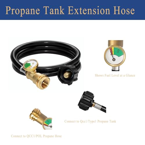 Image of 5 FT Propane Extension Hose with Gauge, Leak Detector Replacement Hose for Gas Grill, Heater, RV & Propane Appliances - Acme to Male QCC /POL Fittings