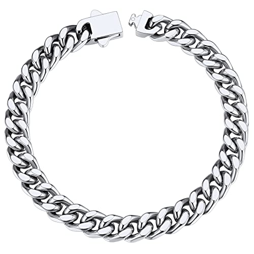 ChainsHouse Men Chain Bracelet Silver Cuban Link Stainless Steel Bracelets for Mens Women Biker Hip Hop 7mm Curb Chains
