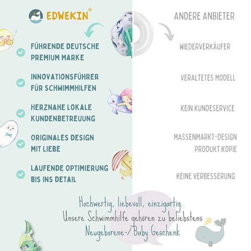 EDWEKIN® Baby Schwimmring 2026 mit Eltern-Zugleine – Mehr Sicherheit & Wasserspaß | TÜV geprüft | Premium Baby Float mit UPF50+ Sonnendach, Netzstoffgurt & handgemalten Motiven | 6–36M| Mitwachsend