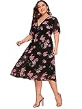 Floerns Women's Plus Size Polka Dots Wrap V Neck Short Sleeve A Line Midi Dress Black Floral 2XL