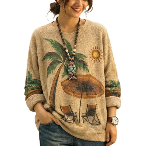 Image of Women's Boho Christmas Sweater, Oversized Long Sleeve Graphic Knit Pullover, Loose Fit Casual Top with Drop Shoulder