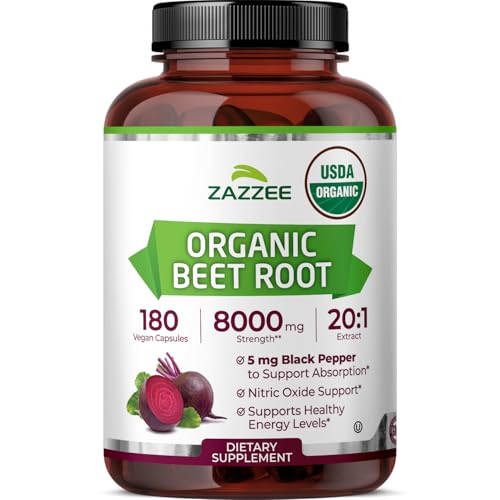 Zazzee USDA Organic Beet Root 20:1 Extract 180 Vegan Quick Release Capsules 6 Month Supply Nitric Oxide Support Black Pepper Extract for Enhanced Absorption Certified Kosher Non-GMO Made in USA