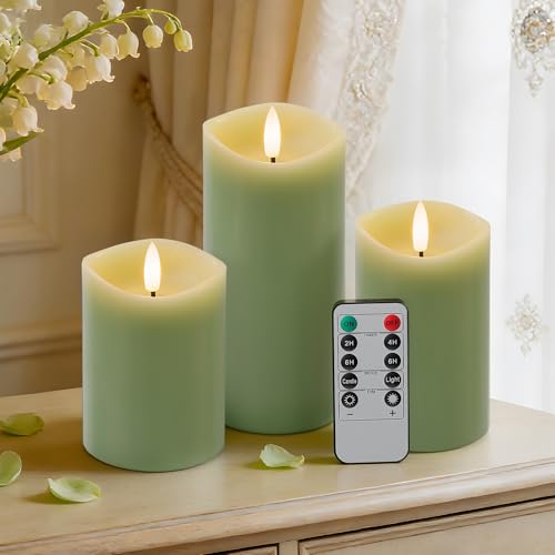Velsyn Green Flameless Candles with Remote and Timer Real Wax Made LED Pillar Candles Battery Operated with 3D Flickering Flame Melted Edge 3 x 4 5 6 Set of 3 (Pastel Green)