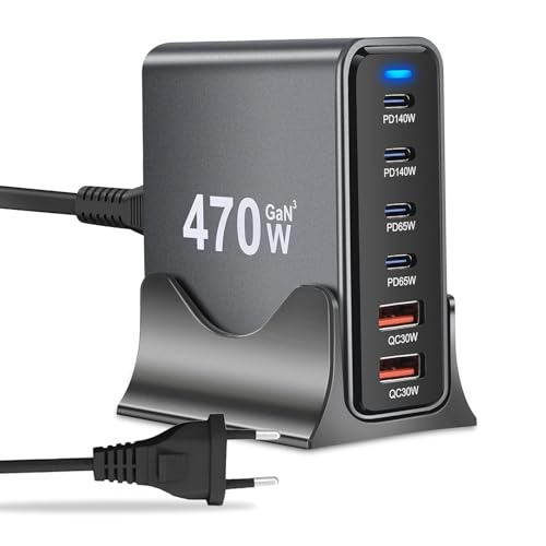 Image of MX 470W USB C Charger Block GaN III USB Desktop Charging Station 6 Port GaN Desktop Charger, USB C Charging Station 140W Type C Laptop Charger Adapter Compatible with MacBook, Tablet & Mobile Phones