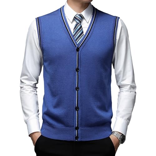 Men's Sleeveless Sweater Cardigan Wool Blend V Neck Buttons Vest Cable Knit Big and Tall Cardigan Vest