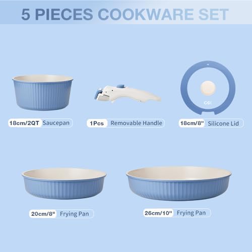 Image of KOCH SYSTEME CS 5 Pcs Ceramic Cookware Set with Detachable Handle, Nonstick Pots and Pans Set, Induction Compatible Dishwasher Safe Pots and Pans, Stackable Space Saving Kitchen Set, Non Toxic, Blue