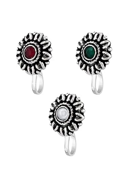 Plus Oxidised nose pin for women | Clip on | Press On | Without piercing | Silver | Latest nose pin deigns-image-31