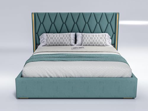 Image of Modern Upholstered King Size Bed with Box Storage for Bedroom | Wooden Double Bed with Storage | Platform Cot Bed with Upholstery Premium Fabric | 6.5 x 6 Ft | Sheesham Solid Wood, Greendust