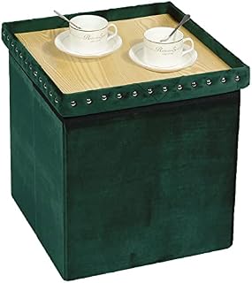 Bonlife Dark Green Foldable Velvet Ottoman Storage Box,Cube Storage Boxes with Lids,Folding Coffee Table with Seat,Footstool for Living Room,40x40x40cm