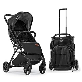 Baby Pushchair Stroller– Lightweight Foldable Travel Buggy with 5-Point Harness, Adjustable Seat Back and Oversize Basket Folds with 1 Hand – Smooth Swivel Wheels Rain Cover (Black Leather)