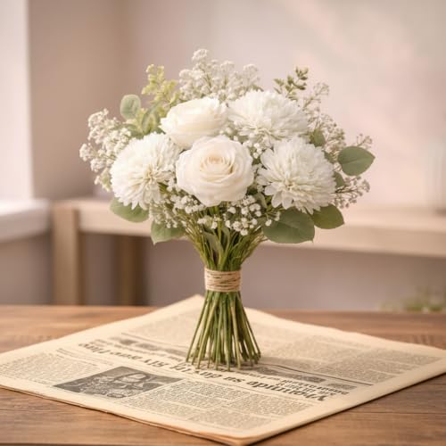 Image of Premium Artificial Flower Bunch - Mum, Rose & Lotus with White Baby Breath | Realistic Fabric Petals | Artificial Flowers for Vase | Home Decoration Items for Living Room & Bedroom | White