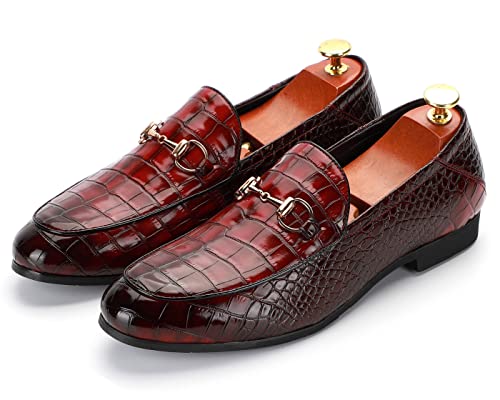 Santimon Men's Classic Horsebit Loafers Wedding Dress Crocodile Effect Leather Shoes For Men Fashion Party Loafers Wine Red 6 Us #TOP4