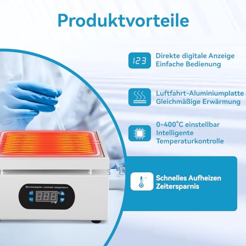 Heizplatte Löten 550W mit LED Mikrocomputer,Vorheizplatte für SMD Lötstation,PCB Rework & Elektronikreparatur,150x150mm Alu-Platte,0-400°C präzise Temperaturregelung für Displayreparatur und Labor