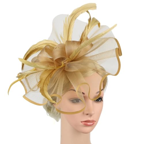 女性用フラワーヘッドバンド、ヘアクリップ付き、帽子、カクテルティーパーティー用ヘッドウェア、ベールと羽根付き(Gold)
