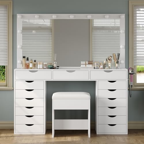 Yanosaku Vanity Desk with Mirror and Lights, Makeup Table with Charging Station, 3 Color Lighting Modes, 15 Drawers Dressing Table, Vanity with Chair for Bedroom, White