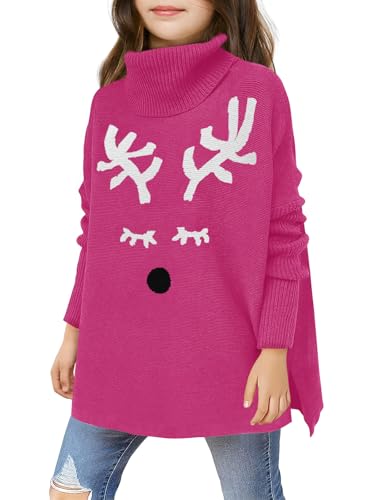 Image of Haloumoning Girls Christmas Sweater Kids Oversized Turtleneck Cute Reindeer Sweaters with Side Slit