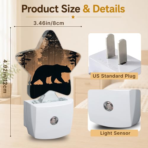 Image of Rustic Woodland Bear Plug in Star Night Light, Night Light with Sensor for Kids Nursery Bedroom, Decorative Soft Glow Lamp for Hallway Bathroom, Energy Saving