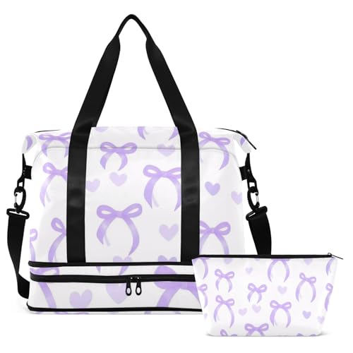 Purple Bow Love Gym Bag for Women Sport Travel Duffel Bag Shoulder Weekender Overnight Bags with Wet Pocket & Shoe Compartment2
