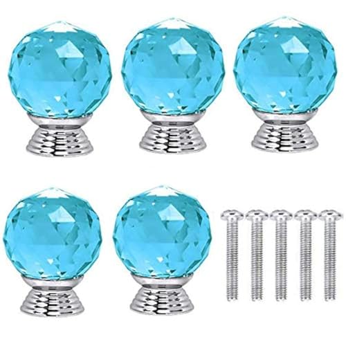 Juego de 5 pomos de cristal azul cielo de 30 mm con mango de cristal redondo con forma de diamante para cajón y cajón con tornillos para el hogar y la oficina