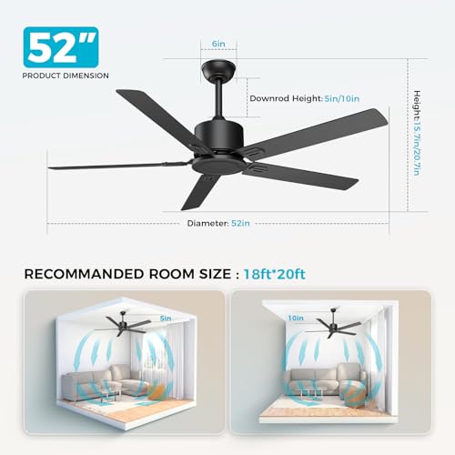 Image of Obabala Outdoor Ceiling Fan No Light, 52 Inch Black Modern Ceiling Fan Without Light, Dual Finish 5 Blades,6 Speed, Reversible Quiet DC Motor for Patios, Garage, Bedroom, Porch