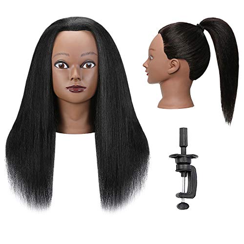 IBLUES 18" 100% Real Hair Mannequin Head with Training Standï¼ŒCosmetology Manikin Practice Doll Head for Hairstyling with Free Table Clamp Tools - Black
