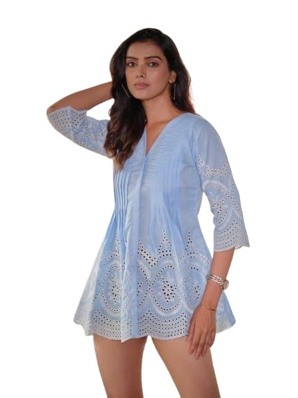 ROYALICAWomen's Beautiful Blue Embroidered Cotton 3/4 Sleeves V-Neck Smart Casual Tunic for Office & College.