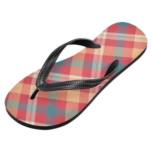 Sinestour Red Beige Plaid Flip Flops for Beach Thong Sandals Anti-slip Lightweight Flat Slippers for Summer Travel Swim2