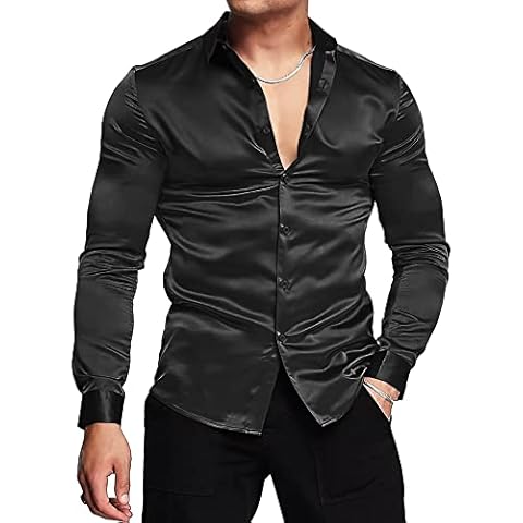 URRU Men's Luxury Shiny Silk Like Satin Dress Shirt Long Sleeve Casual Slim Fit Muscle Button Up Shirts Black L Cover