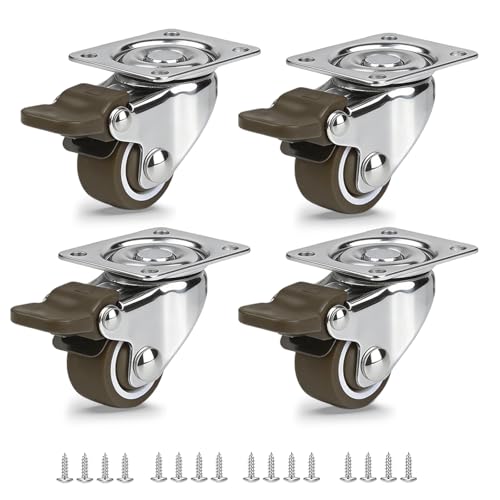 1 Inch Caster Wheels for Furniture, Silent Bearing Swivel Plate Casters Set of 4 Heavy Duty Load 99 Lbs, No Noise Rubber Caster Wheels for Small Furniture (4 with Brakes) | with Brakes, Light Load 99 LBS, Low Profile, No Floor Marks, Soft Rubber Roll