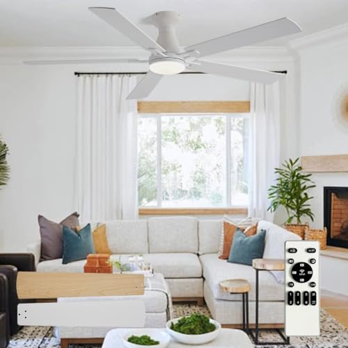 Image of Depuley Modern Ceiling Fan with Light: 52-Inch White Flush Mount Fandelier | Bedroom Indoor Outdoor Use, 5 Reversible Wood Blades, 6 Fan Speeds, Timing Function, Dimmable 3CCT, Remote Control Included