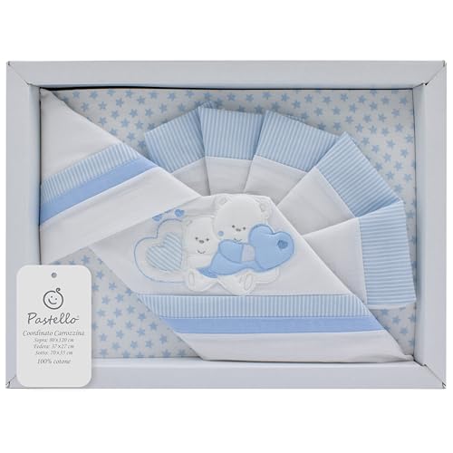 PASTELLO - 3-teiliges Kinderwagen, 100 % Baumwolle für Neugeborene, Bettwäsche mit Stickerei (Art. LC9E. CIELO)