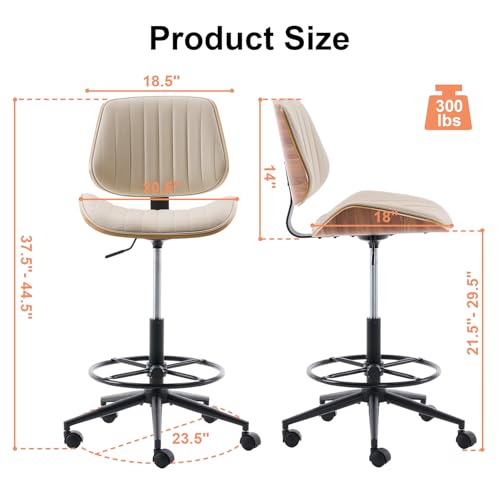 Image of Drafting Chair, Ergonomic Office Chair with Walnut Wood Back Support, Armless PU Leather Desk Chair with Height-Adjustable, Thick Cushion for Home, Bar, Drafting, Office (Beige)