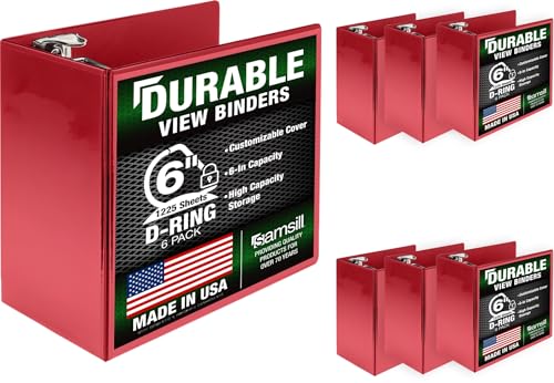 Image of Samsill Durable 6 inch 3 Ring Binder, Locking D Ring Binder, Customizable Clear View Cover, Red, 6-Pack, Holds 1225 Pages