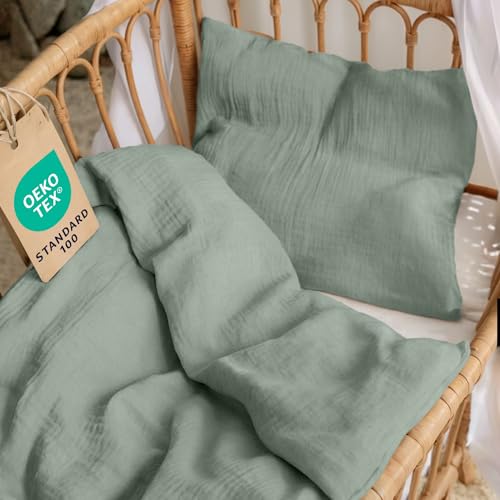 Dreamzie Baby Bettwäsche 80x80 cm + Kissenbezug 35x40 - Musselin aus 100% Baumwolle, Oeko-TEX Zertifiziert,atmungsaktiv & weich, ideal für Sommer &...