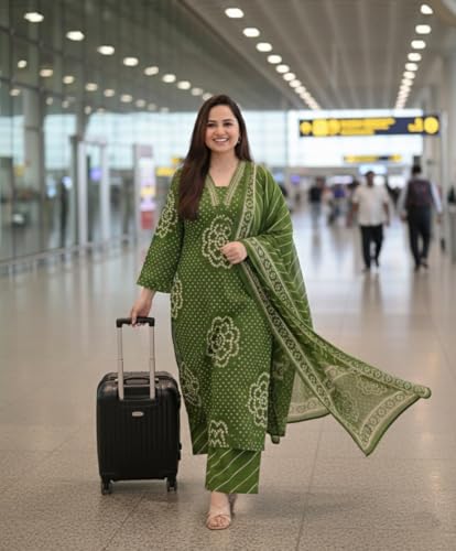 Image of Klosia Women Pure Cotton Kurta Pant Set with Dupatta | Bandhani Print Kurta Sets for Women | Comfortable Suit Sets|Regular Fit