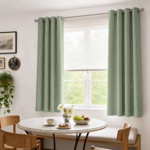Image of 100% Blackout Short Small Linen Curtains 54 Inch Long, Sage Green