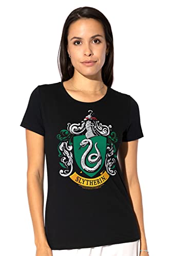 Popfunk Classic Harry Potter Slytherin Logo Teen Juniors Womens Premium Cotton Cap Sleeve Graphic T-Shirt & Stickers (X-Large)